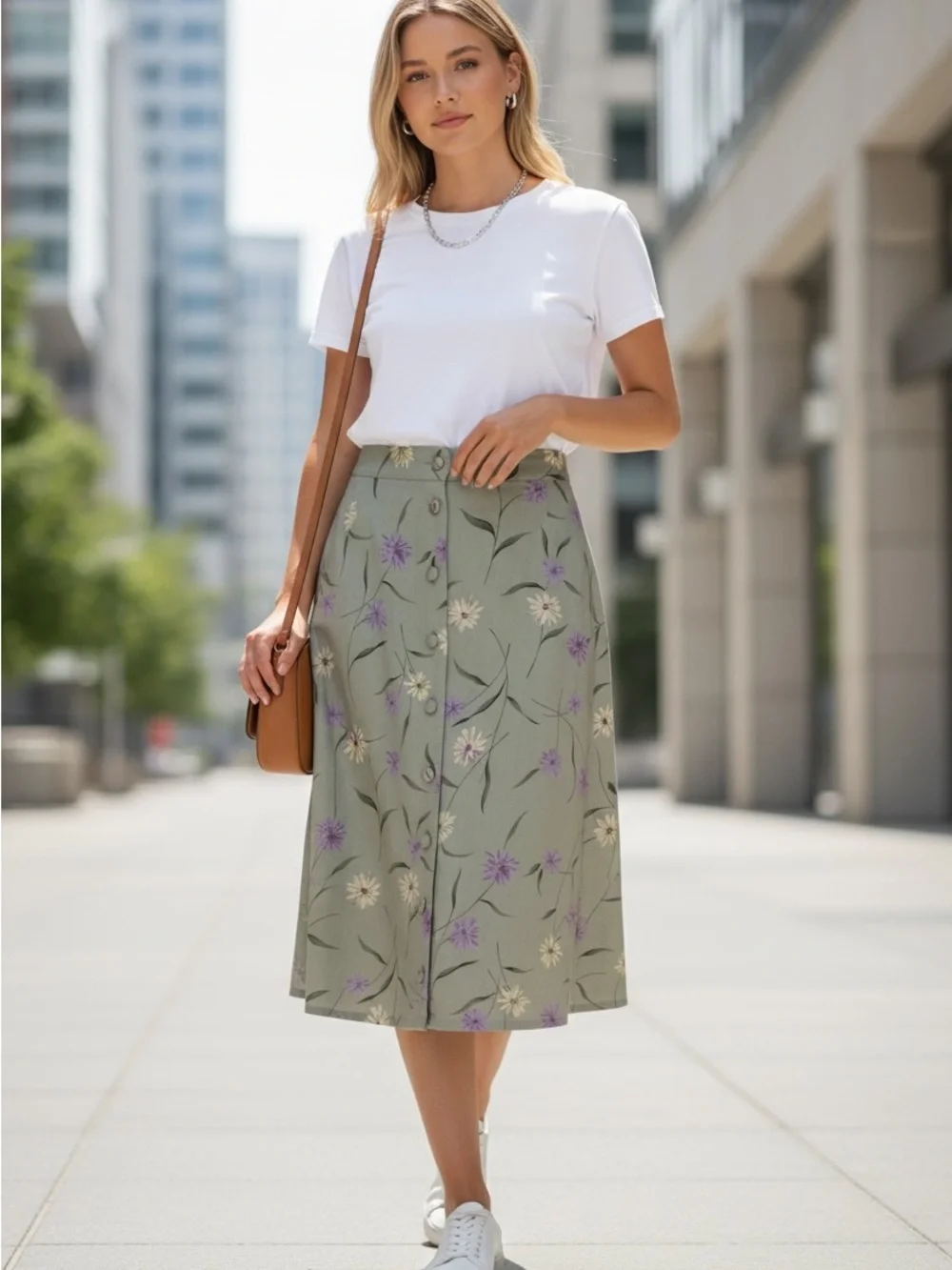 Vintage Floral Button-Front A-Line Skirt — Sage Green